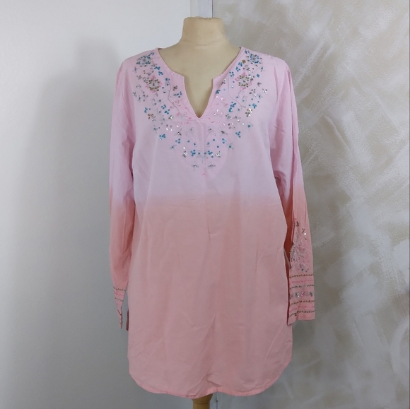 Cotton Sequin V-Neck Pink Ombre Lightweight Blouse - Picture 1 of 7
